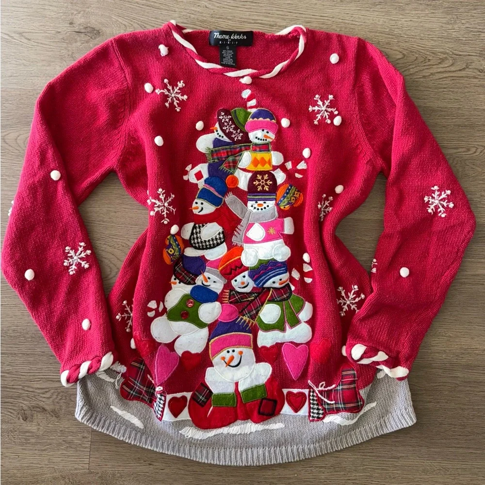 Vintage Theme Works by Kikit Ugly Christmas Snowman Pom Pom Sweater Women’s Sz S